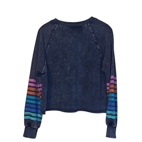 Evereve Sweatshirt Womens Medium Navy Beck Stripe Trim Rainbow Sleeve Crewneck - Picture 2 of 12
